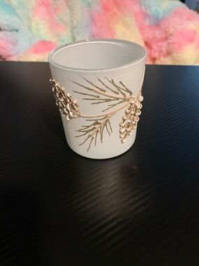 Melrose Frosted White Glass Candle Holder with Gold Glitter Pine Accent